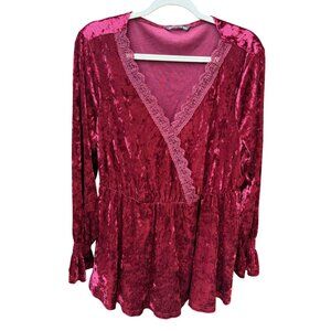Bloomchic Womens Velvet Wrap Top Lace Trim Long Sleeve Elastic Waist  18/20